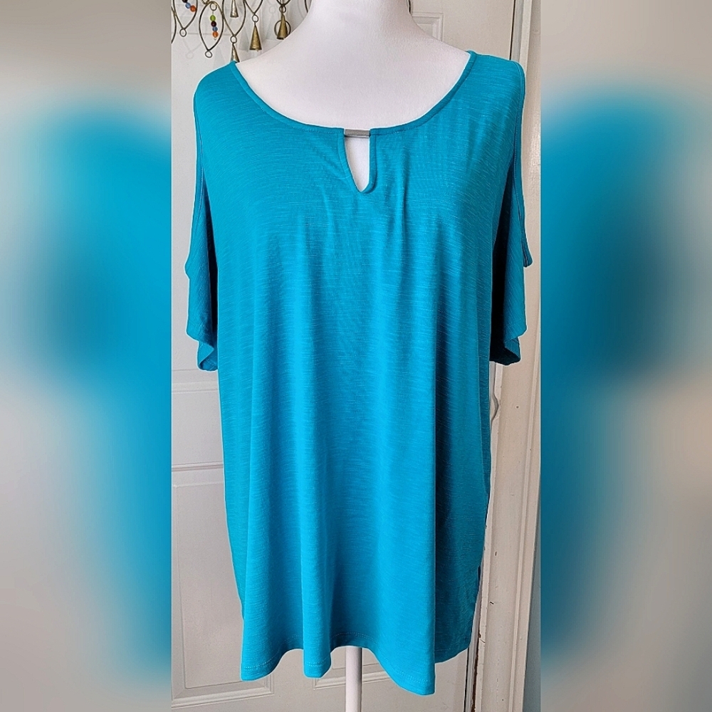 Jones New York Cold Sholder Tee Women's XL Blue w/Silver Accent Soft & Stretchy